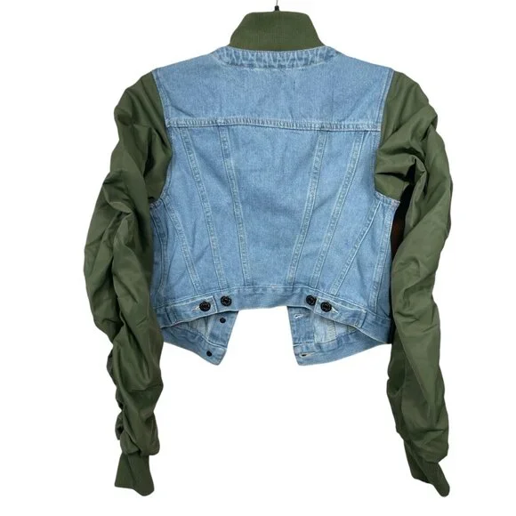 Veronica Beard Emelia Combo Jacket Size XS Denim Blue Green Puff Sleeve Ribbed